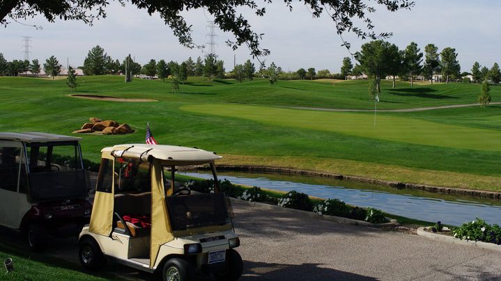 golf carts stopped by the cart path